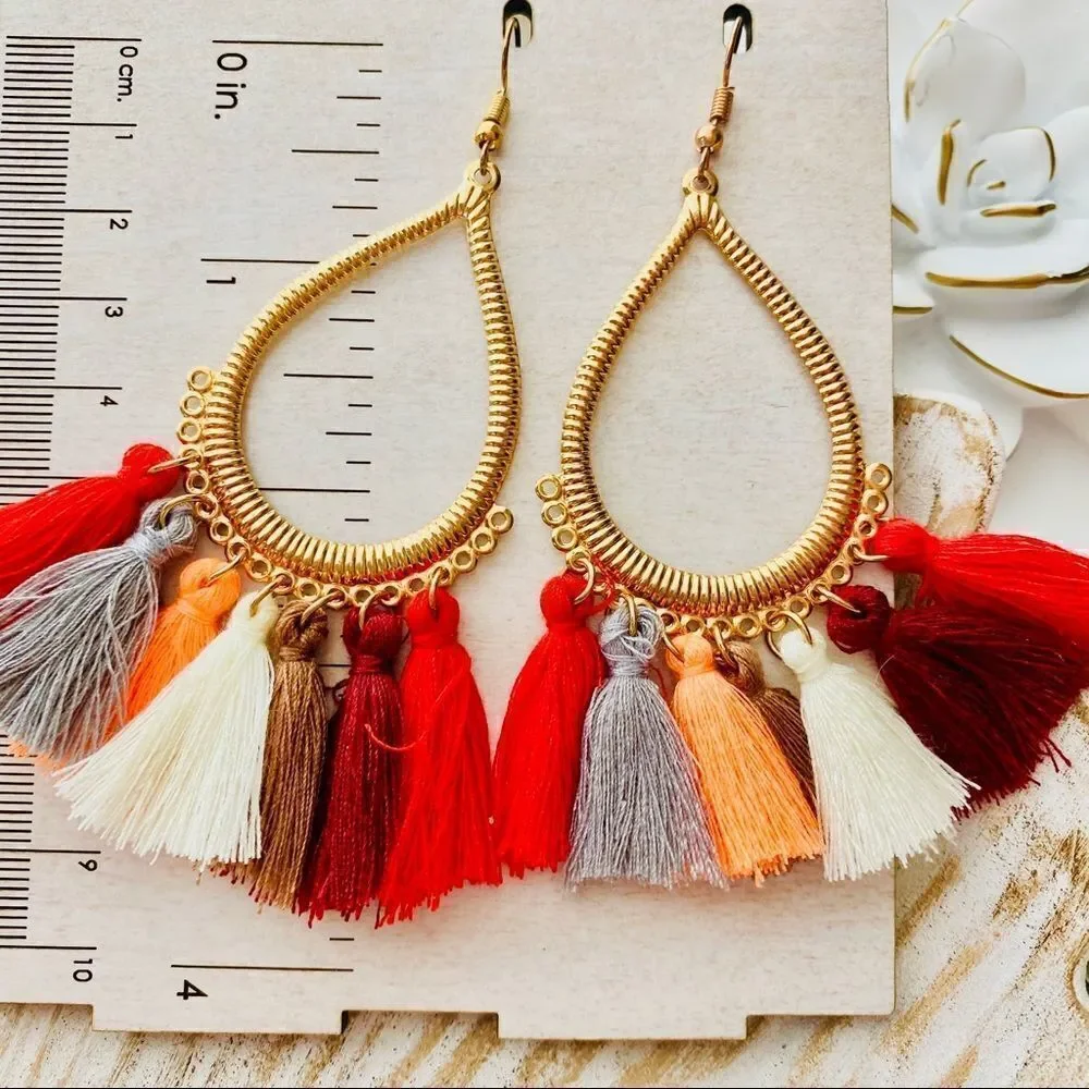 Boho Multi Color Tassel Drop Earrings NWT